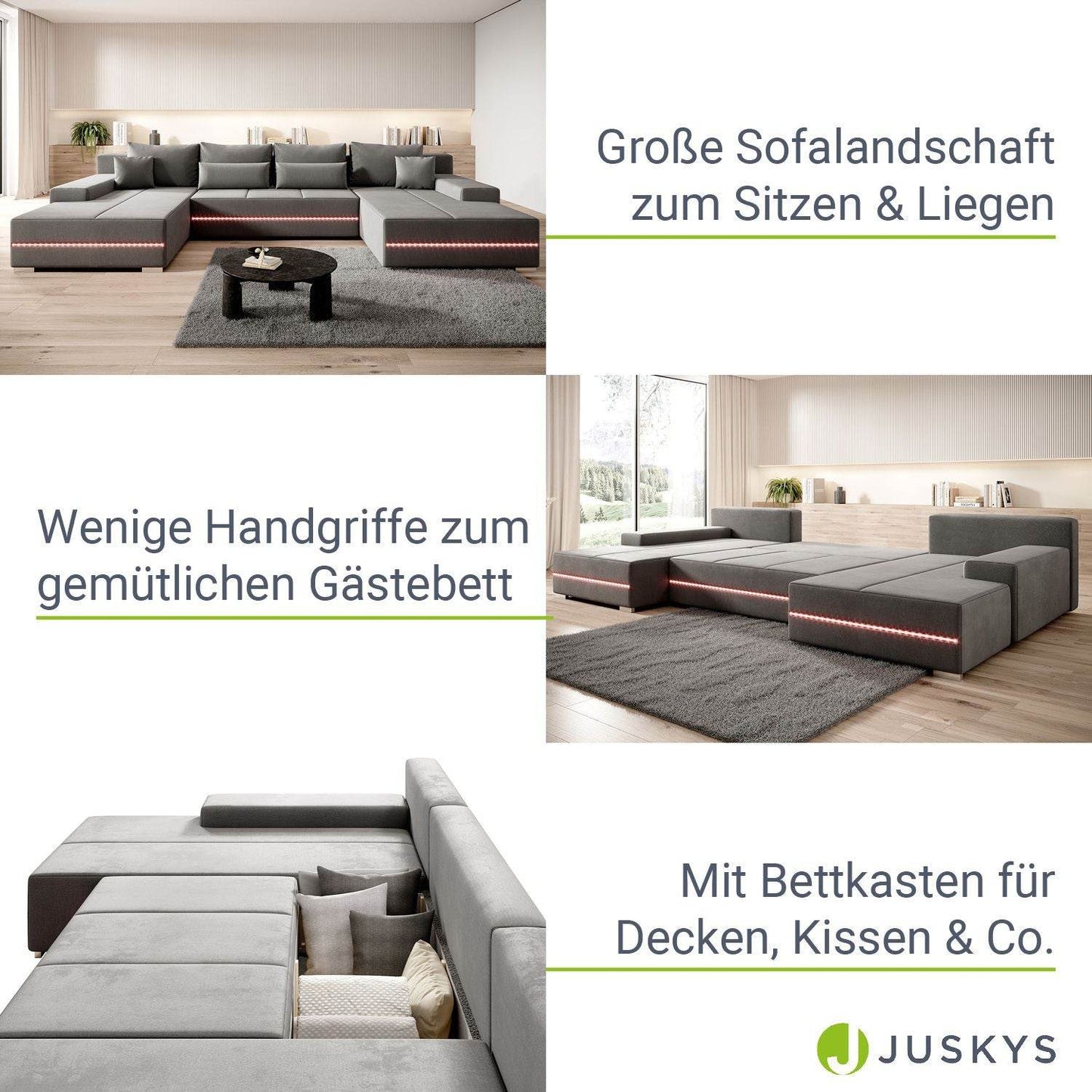 Sofa Malbun mit LEDs & Schlaffunktion Hellgrau - Palo24