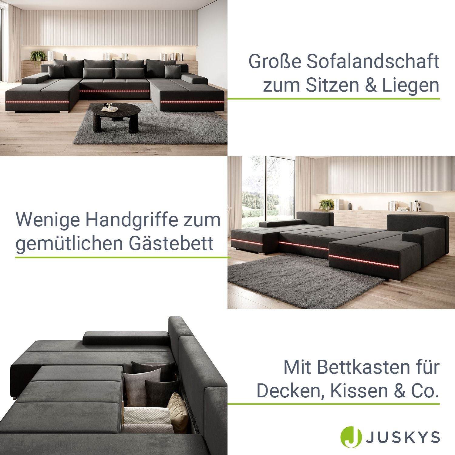 Sofa Malbun mit LEDs & Schlaffunktion Dunkelgrau - Palo24