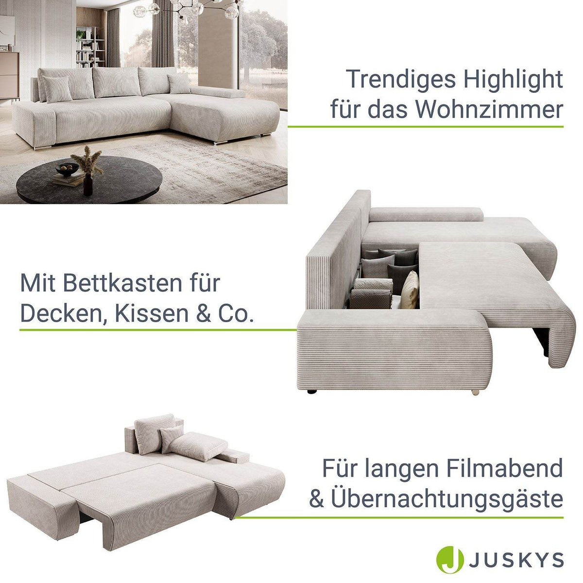 Sofa Iseo Rechts mit Schlaffunktion - Beige - Palo24