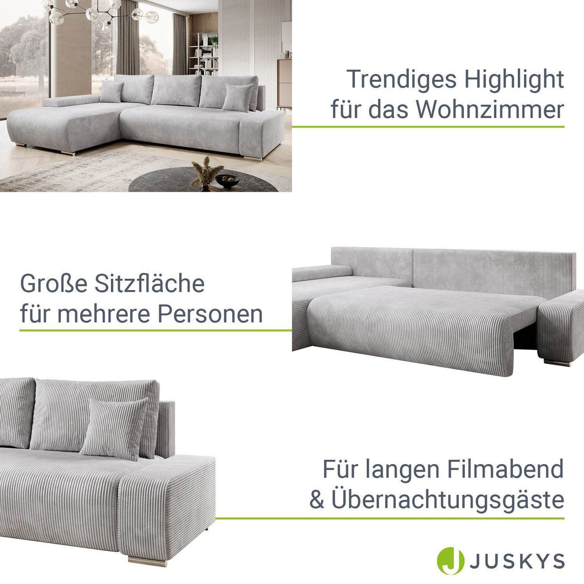 Sofa Iseo in L-Form mit Schlaffunktion Hellgrau - Palo24