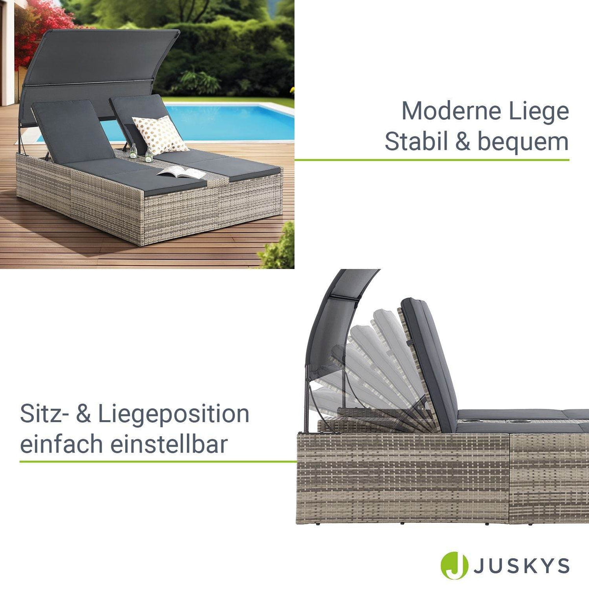 Polyrattan Doppelliege Syros mit Sonnendach & Auflagen - Grau-meliert - Palo24