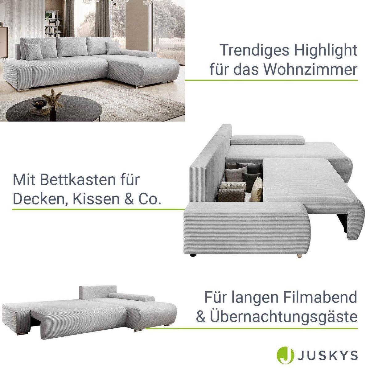 Sofa Iseo Rechts mit Schlaffunktion - Hellgrau - Palo24