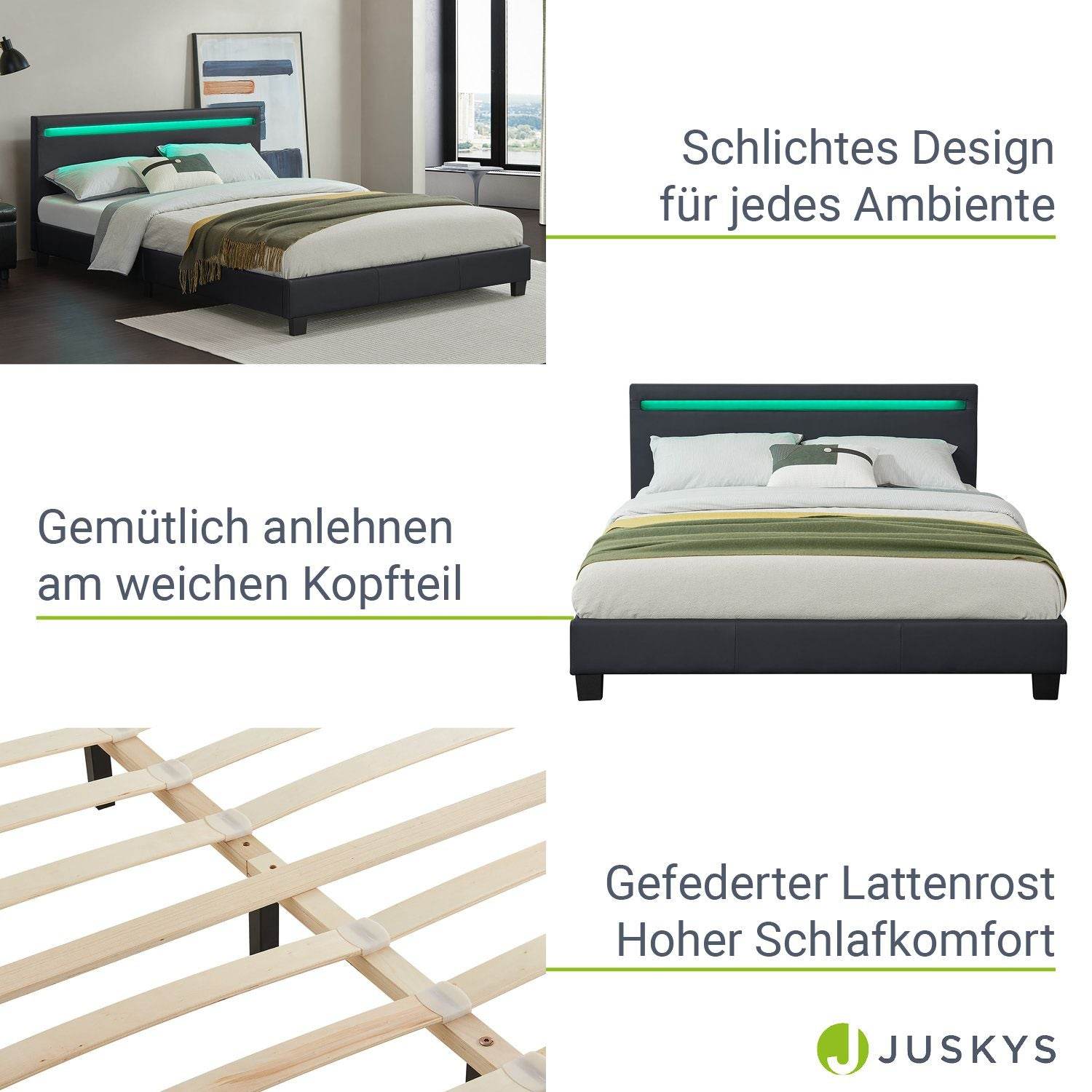 LED Polsterbett Paris 140 x 200 cm Lattenrost schwarz - Palo24