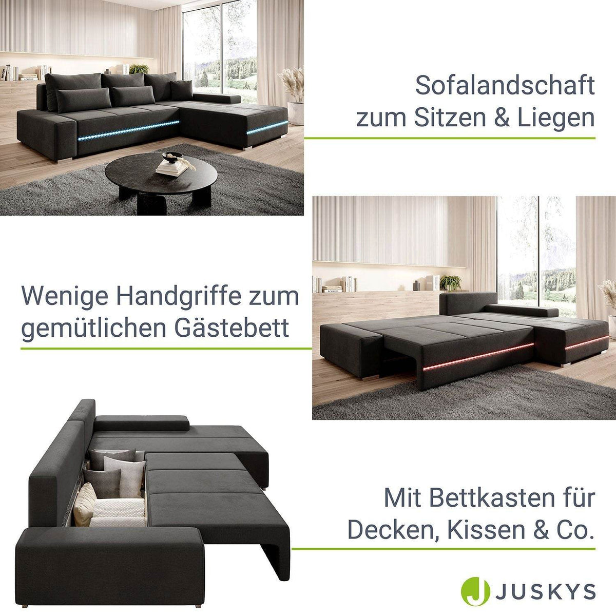 Sofa Davos mit LEDs in L-Form mit Schlaffunktion - Dunkelgrau - Palo24