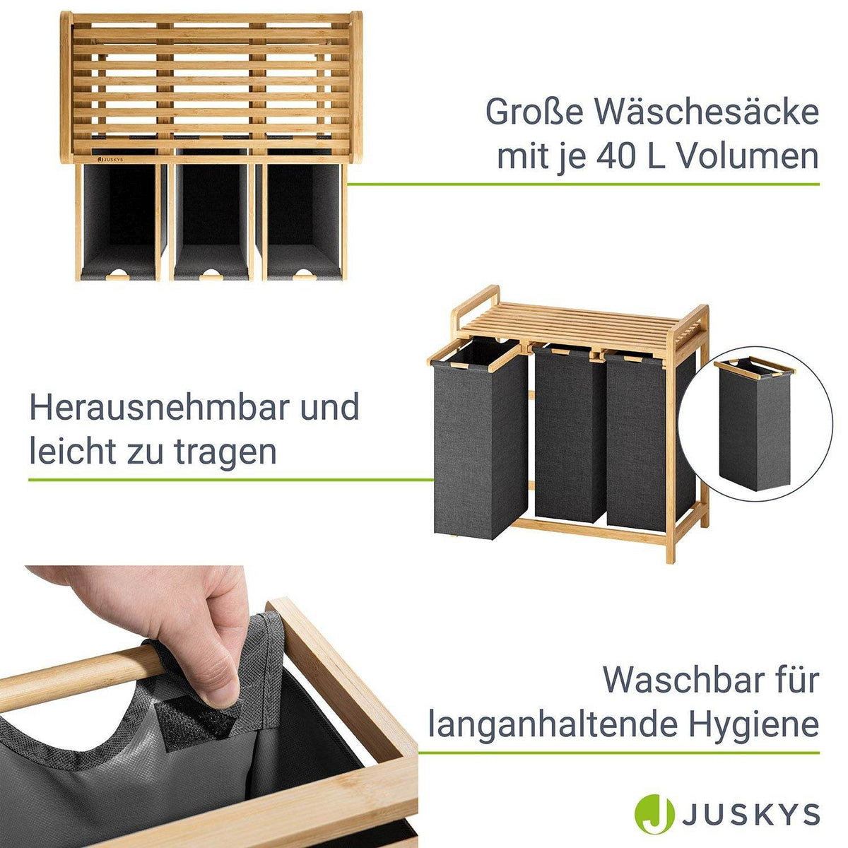 Bambus Wäschekorb Kory 3er - Anthrazit - Palo24