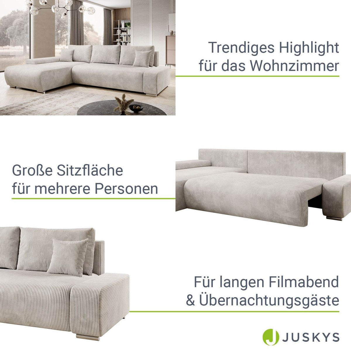 Sofa Iseo in L-Form mit Schlaffunktion Beige - Palo24