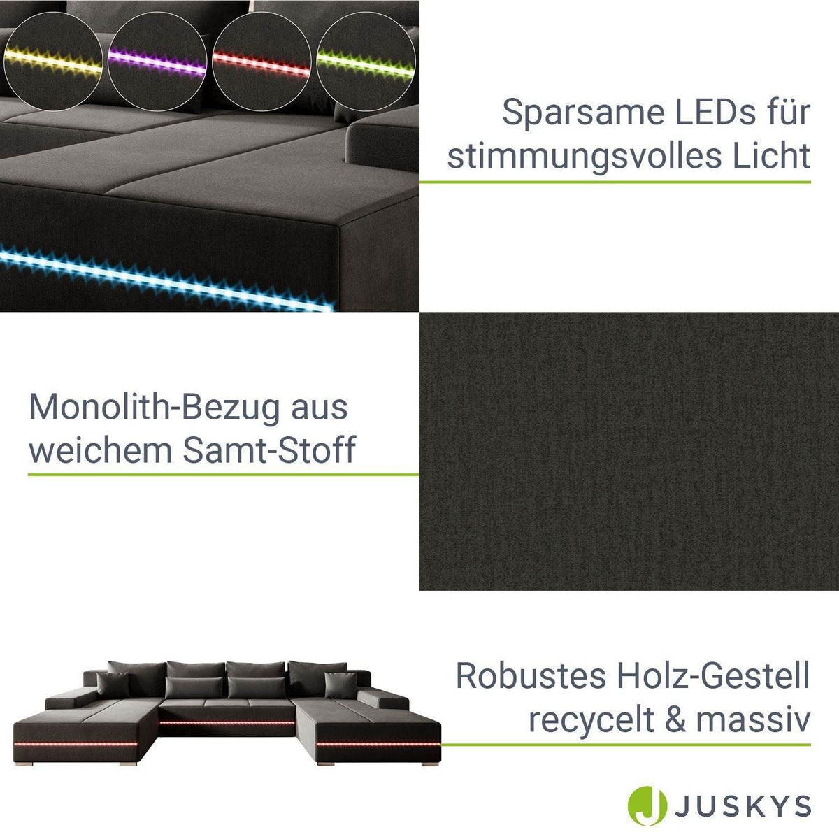 Sofa Malbun mit LEDs & Schlaffunktion Dunkelgrau - Palo24