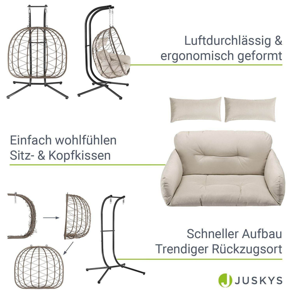 Polyrattan Doppel Hängesessel Aria mit Gestell - Beige - Palo24