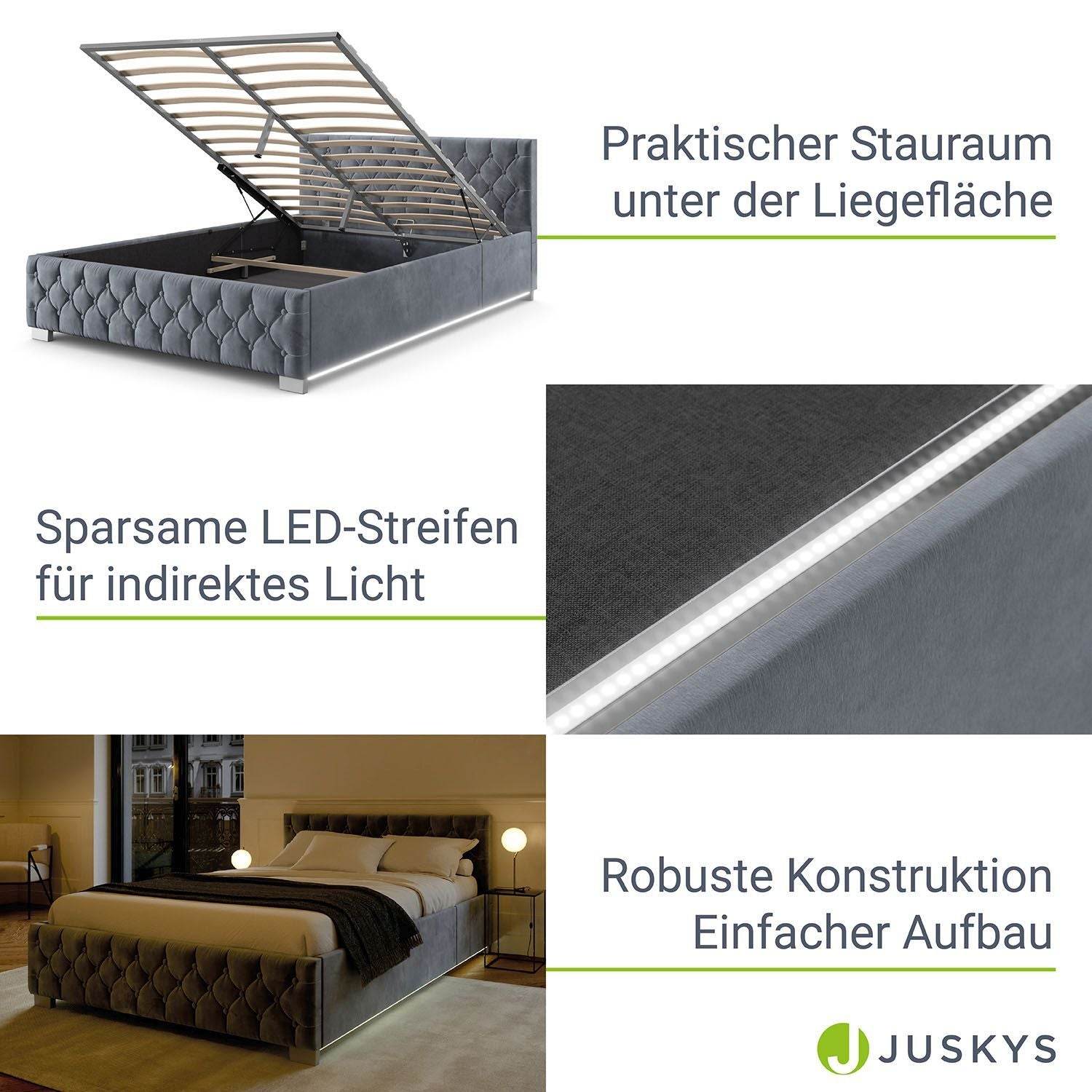 LED Polsterbett Nizza 180x200 cm Bettkasten Grau - Palo24