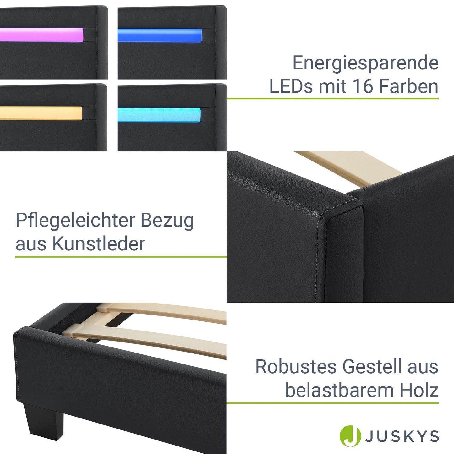 LED Polsterbett Paris 140 x 200 cm Lattenrost schwarz - Palo24