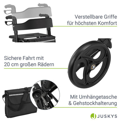 Aluminium Rollator Vital klappbar mit Sitzfläche & Einkaufstasche in schwarz