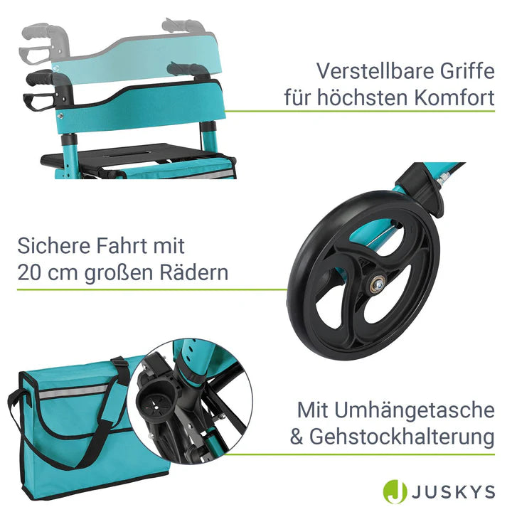 Aluminium Rollator Vital klappbar mit Sitzfläche & Einkaufstasche in petrol