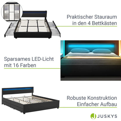 Polsterbett Lyon mit Bettkasten 180 x 200 cm LED-Beleuchtung und Lattenrost schwarz