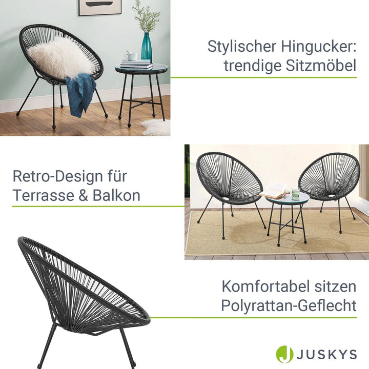 Set di mobili da balcone Ostana, gruppo di sedute nere da 3 pezzi in design retrò con tavolo e 2 poltrone