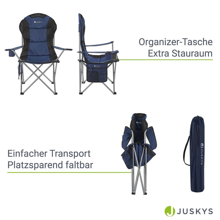 Chaise de camping Lido bleue, chaise pliante rembourrée avec porte-gobelet et sac
