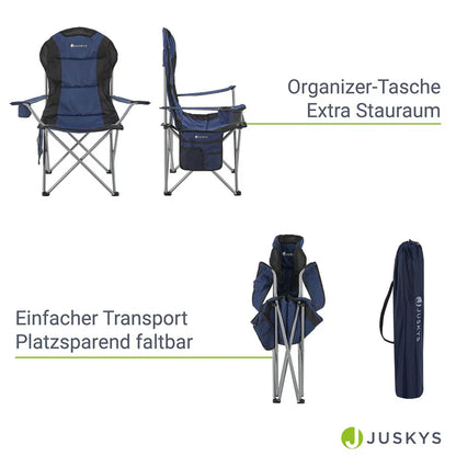 Chaise de camping Lido bleue, chaise pliante rembourrée avec porte-gobelet et sac