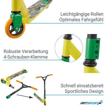 Stunt Scooter Street Life in Schwarz Gelb Trick Roller mit 360° Lenkung