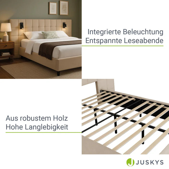 Polsterbett 140x200 cm Luzano - LED Lattenrost & Kopfteil - Samt Beige - Palo24