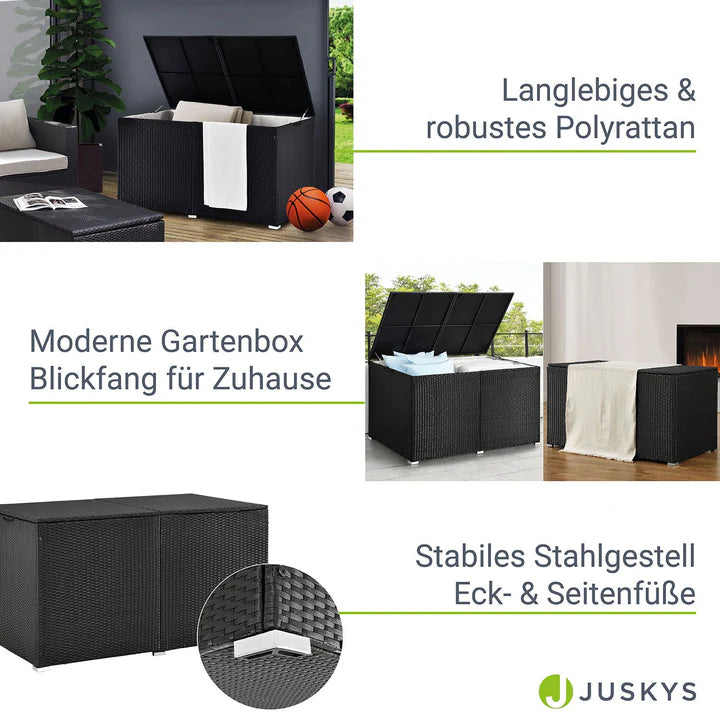 Contenitore per cuscini in polyrattan Ikaria nero con coperchio 950 litri