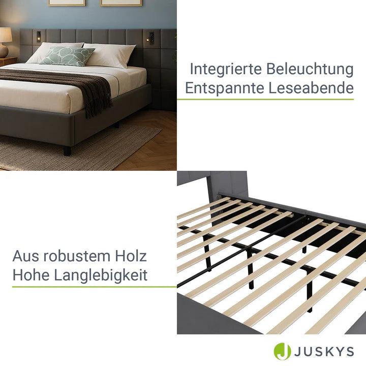 Polsterbett 140x200 cm Luzano - LED Lattenrost & Kopfteil - Samt Schwarz - Palo24
