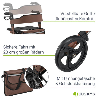Aluminium Rollator Vital klappbar mit Sitzfläche & Einkaufstasche in braun