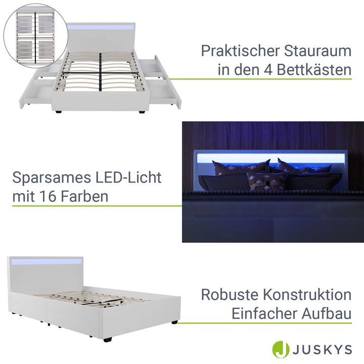 LED Polsterbett Lyon mit Bettkasten 140 x 200 cm - weiss