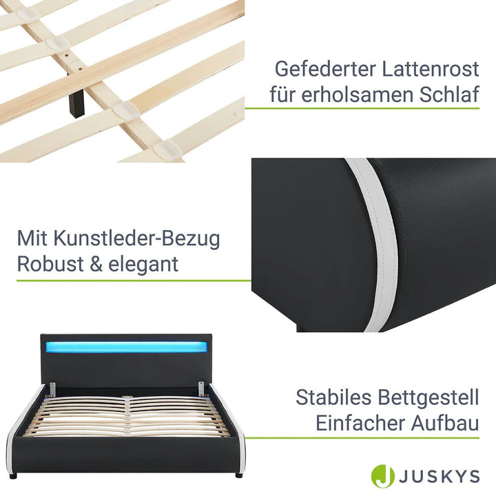 LED Polsterbett Sevilla 140 x 200 cm mit Lattenrost schwarz
