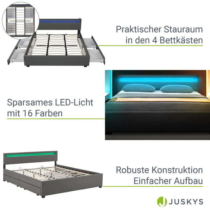LED Polsterbett Lyon mit Bettkasten 180 x 200 cm - dunkelgrau