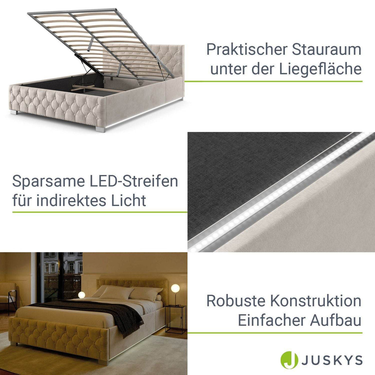 LED Polsterbett Nizza 180x200 cm Bettkasten Beige - Palo24