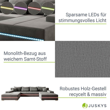 Sofa Malbun mit LEDs & Schlaffunktion Hellgrau - Palo24