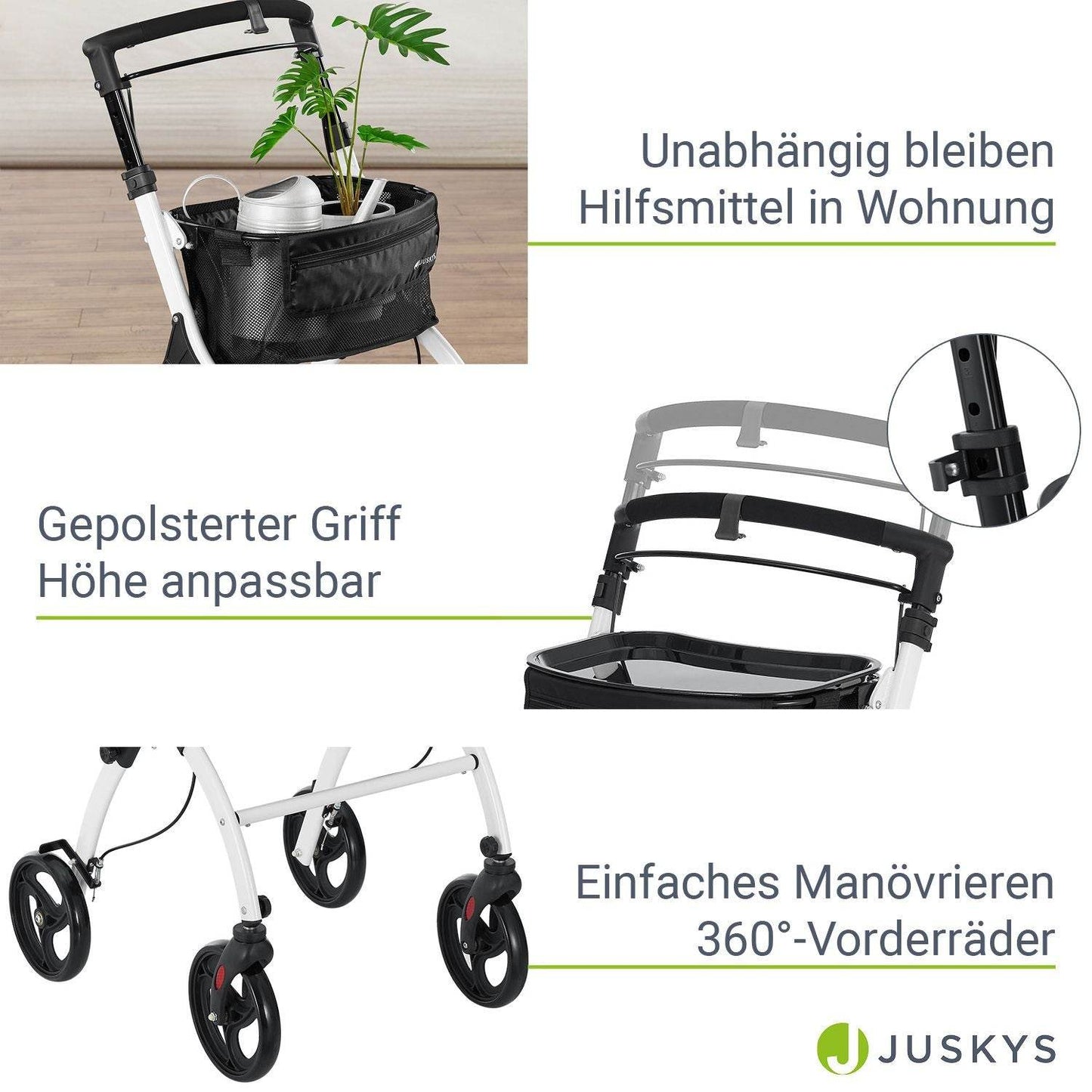 Aluminium Wohnungsrollator Aktiv - Weiss Schwarz - Palo24