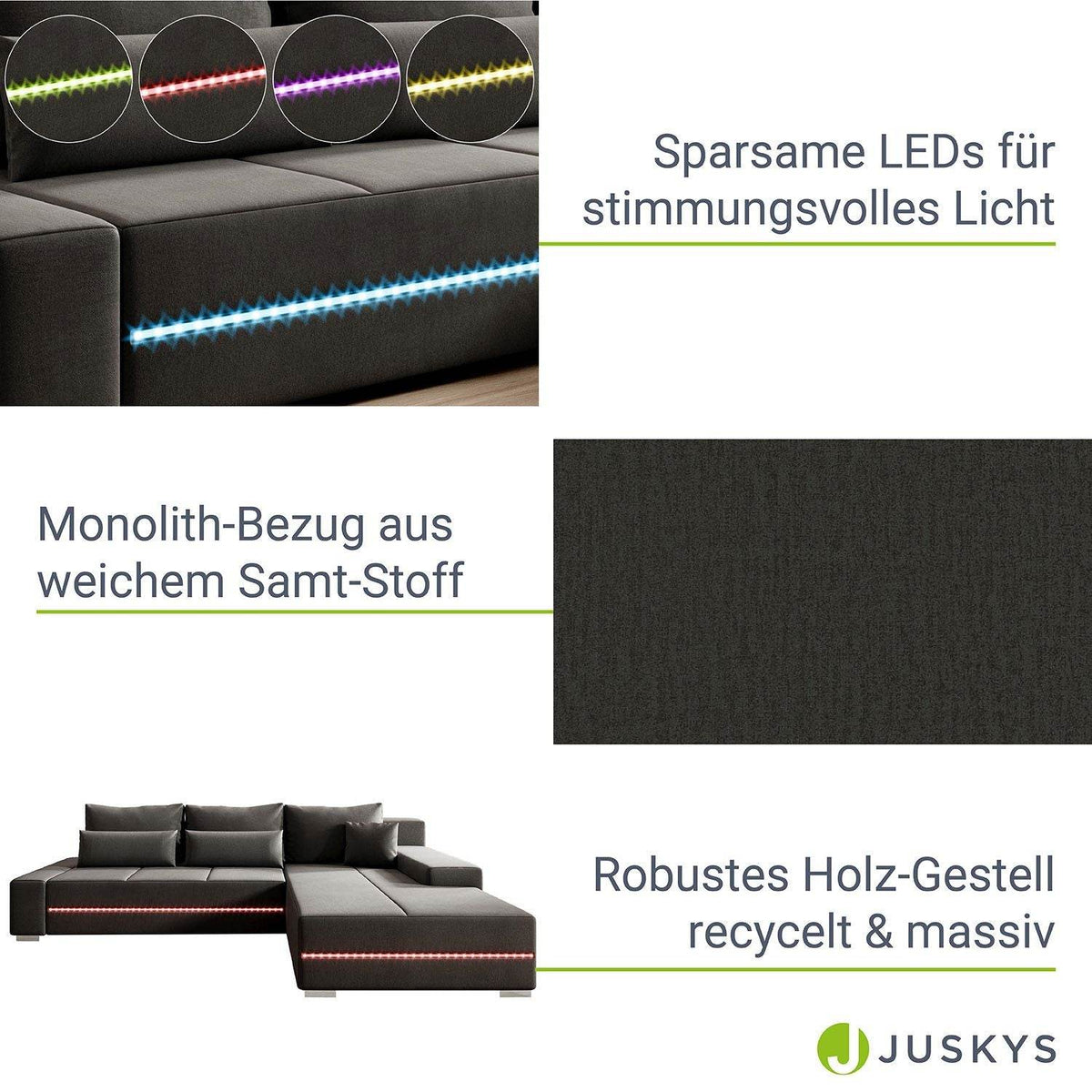 Sofa Davos mit LEDs in L-Form mit Schlaffunktion - Dunkelgrau - Palo24