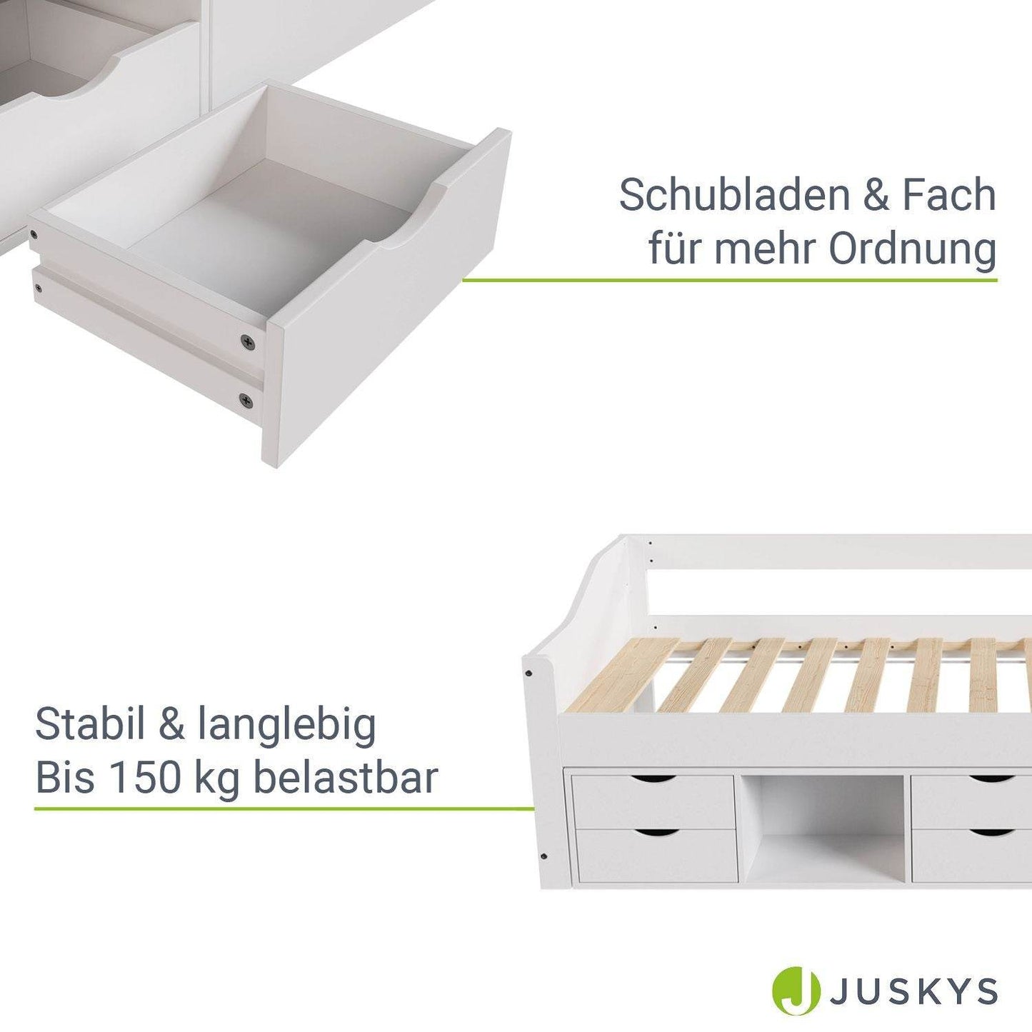 Funktionsbett Nalu 90x200 cm mit Lattenrost & Stauraum - Weiss - Palo24
