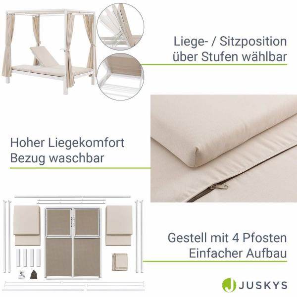 Doppel Loungebett Sonnenliege Kreta - Liege mit Dach in Weiss - Palo24