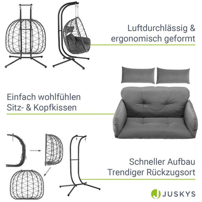 Polyrattan Doppel Hängesessel Aria mit Gestell - Grau - Palo24