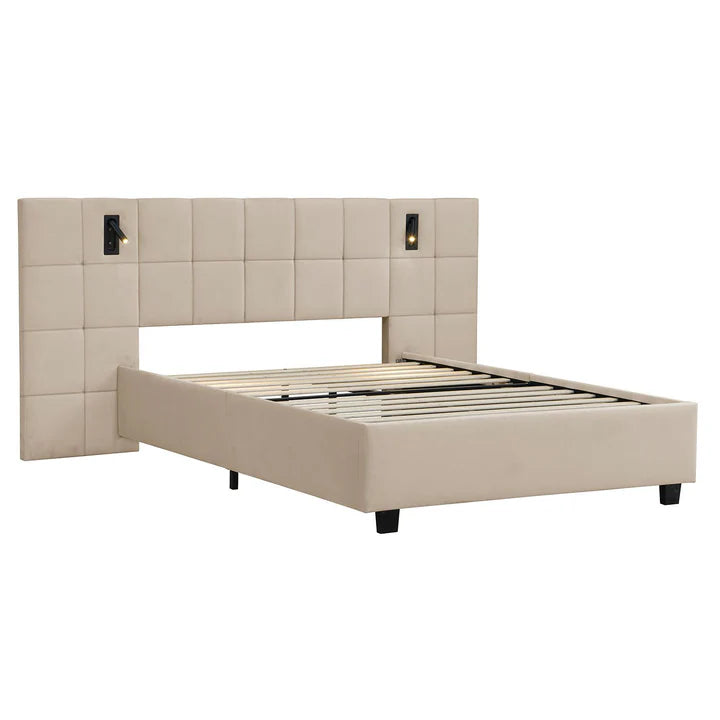 Polsterbett 140x200 cm Luzano - LED Lattenrost & Kopfteil - Samt Beige - Palo24
