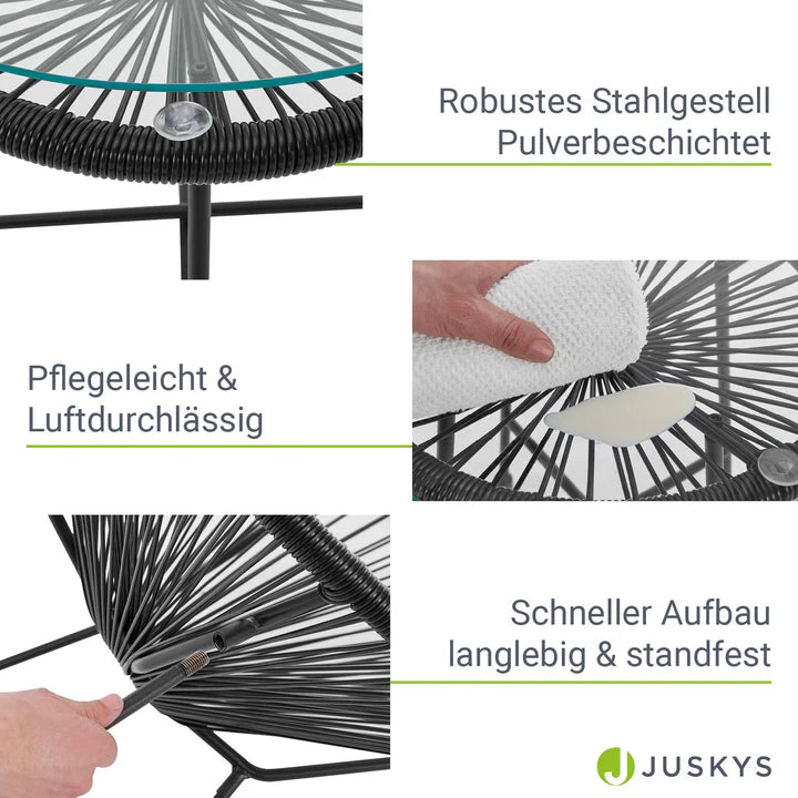 Set di mobili da balcone Ostana, gruppo di sedute nere da 3 pezzi in design retrò con tavolo e 2 poltrone