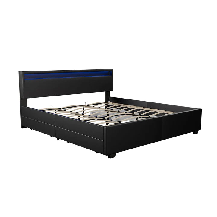 Polsterbett Lyon mit Bettkasten 180 x 200 cm LED-Beleuchtung und Lattenrost schwarz