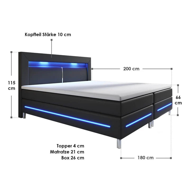 Letto a molle LED Norfolk 180x200 cm nero - Strisce LED e materasso a molle