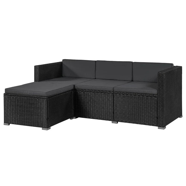 Polyrattan Lounge Punta Cana M set di sedute nere con 1 tavolo, 1 divano e 1 sgabello