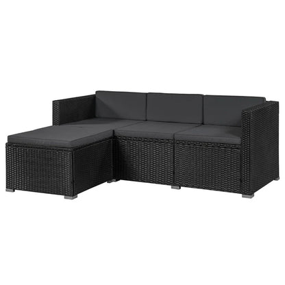 Polyrattan Lounge Punta Cana M set di sedute nere con 1 tavolo, 1 divano e 1 sgabello