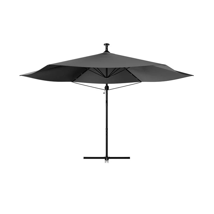 Parasol Brazil Ø 3,5m avec LED, manivelle et base gris foncé