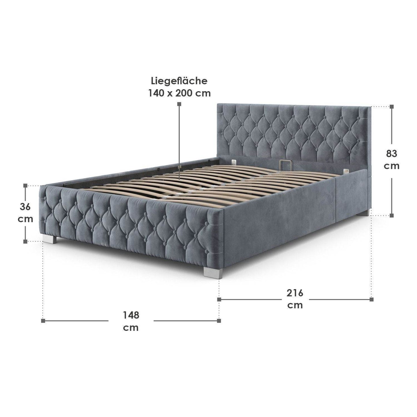 LED Polsterbett Nizza 140x200 cm Bettkasten Grau - Palo24