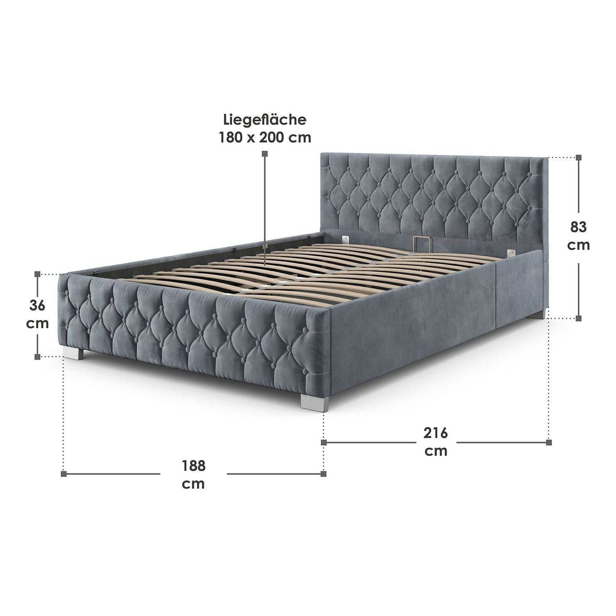 LED Polsterbett Nizza 180x200 cm Bettkasten Grau - Palo24