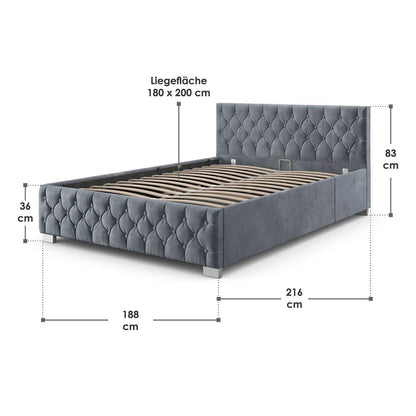 LED Polsterbett Nizza 180x200 cm Bettkasten Grau - Palo24