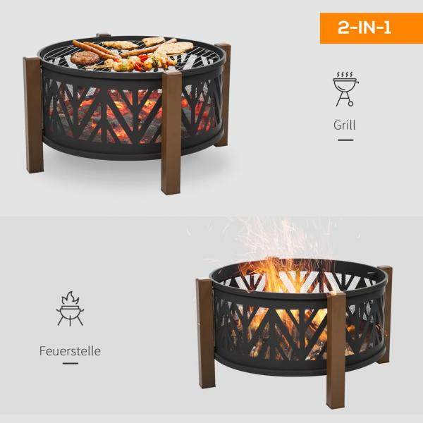 Feuerschale Feuerkorb mit Funkenschutz Grillrost Garten BBQ Schwarz+Braun - Palo24