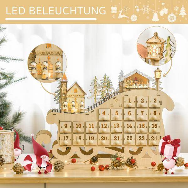 Adventskalender zum Befüllen 24 Schubladen Fächer Weihnachtskalender mit LED-Lichtern Schlitten-Form - Palo24