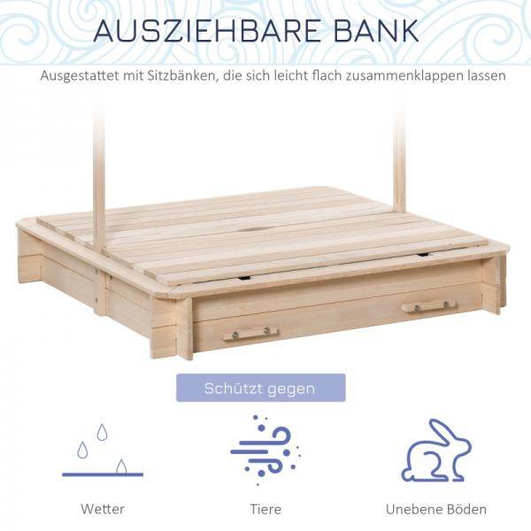 Sandkasten Sandkiste aus Holz mit Dach abnehmbar Rücklehnen verstellbar Tannenholz Natur - Palo24