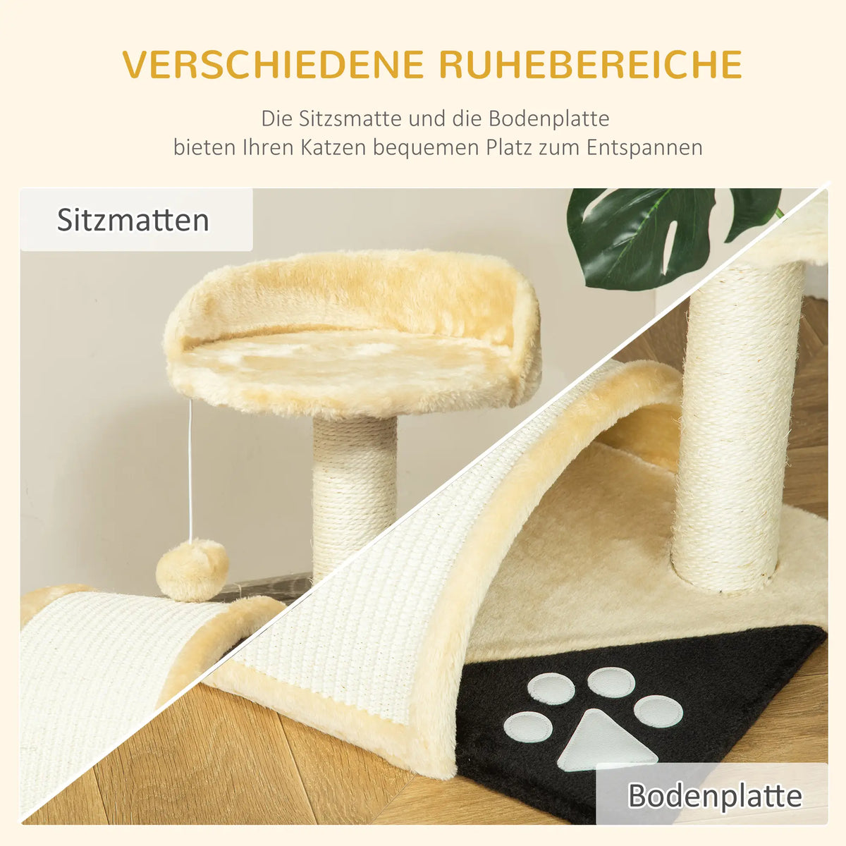 Katzenbaum mit beigem Plüsch 36 cm x 36 cm x 44 cm