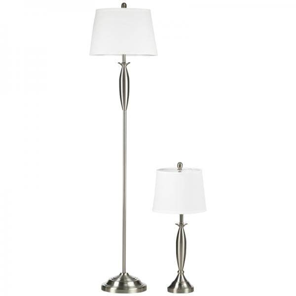 2-teiliges Leuchten-Set. 1 Stehleuchte, 1 Tischleuchten, Leinenoptik Silber + Weiss - Palo24